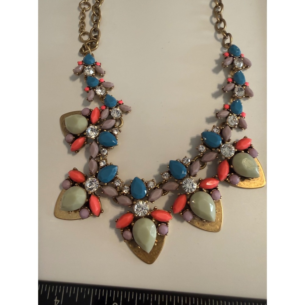 J. Crew Statement Bib Necklace Gold Tone Coral Turquoise Mint Crystal Floral